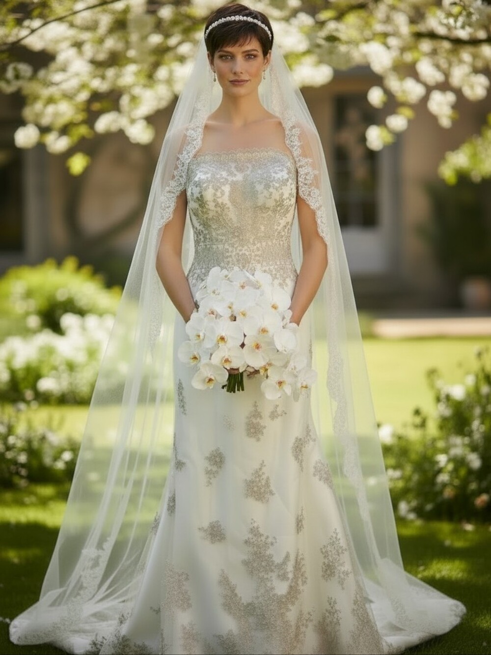 Matthew Christopher Ivory & Silver Lace Strapless Wedding Gown - Size 12